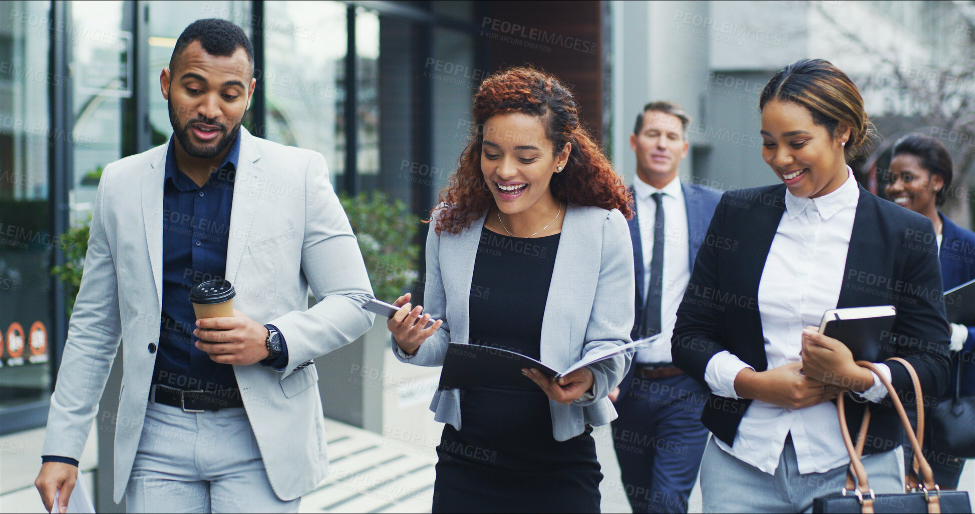 Buy stock photo Commute, conversation and documents with business people in city together for travel to work. Discussion, planning or smile of happy employee man and woman group walking outdoor in urban town