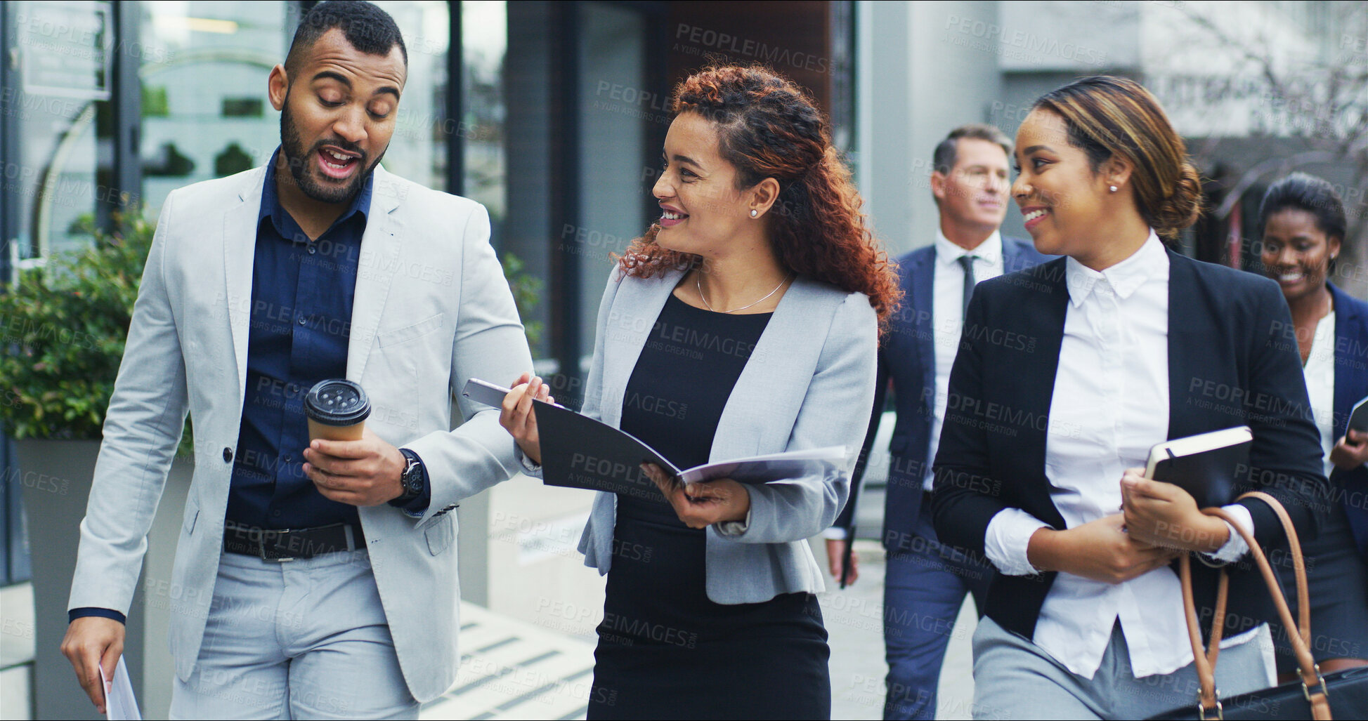 Buy stock photo Commute, discussion and documents with business people in city together for travel to work. Conversation, planning or smile of happy employee man and woman group walking outdoor in urban town