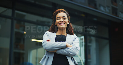 Buy stock photo Crossed arms, professional and portrait of businesswoman in town with confidence for finance career. Happy, outdoor and female financial executive from Colombia with pride in morning at urban city.