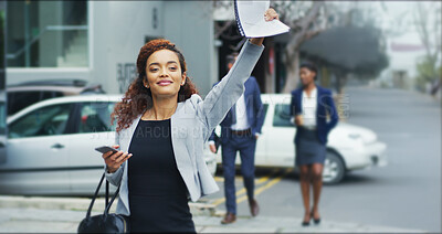 Buy stock photo Business, travel and woman in street, hailing taxi and transportation with ride service. Person, traveller and employee with documents, commute and side walk with hand gesture. smartphone or New York