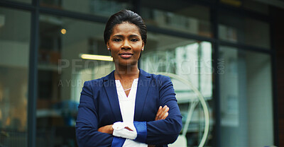 Buy stock photo Crossed arms, professional and portrait of businesswoman in city with confidence for finance career. Happy, outdoor and female financial executive from Nigeria with pride in morning at urban town.