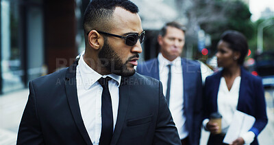 Buy stock photo Bodyguard, walking and security for business people, protection and vip guests in city with surveillance. Secret service, client and private escort outdoor for politician, corporate worker and safety