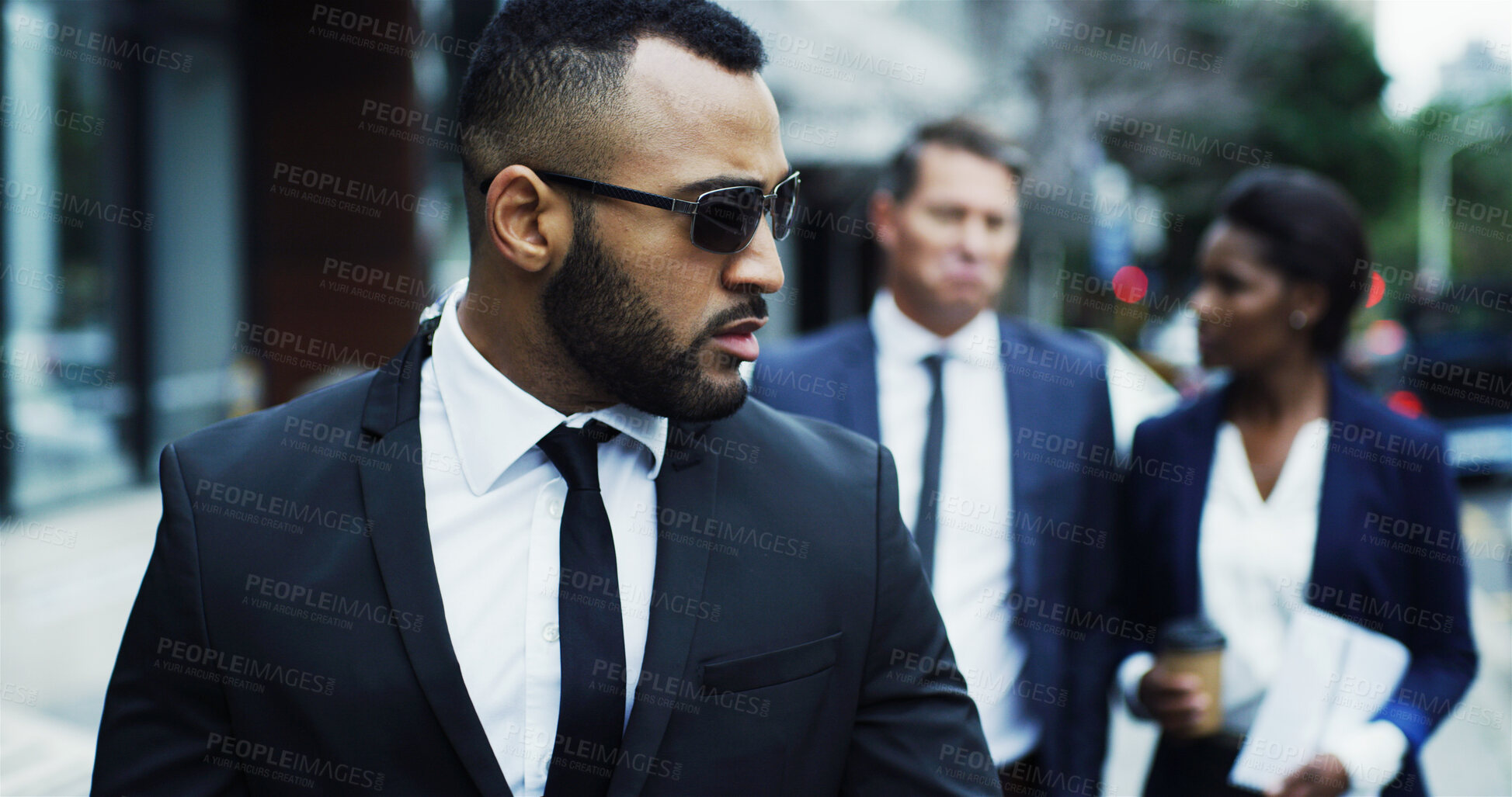 Buy stock photo Bodyguard, walking and security for business people, protection and vip guests in city with surveillance. Secret service, client and private escort outdoor for politician, corporate worker and safety