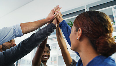 Buy stock photo High five, smile and team building with business people in office together for motivation or support. Celebration, excited or winner with man and woman employee group in workplace for solidarity