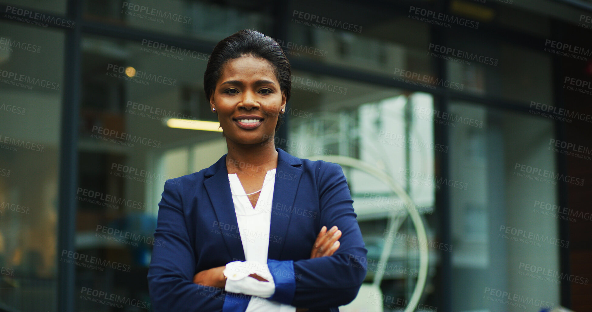 Buy stock photo Crossed arms, confident and portrait of businesswoman in city with happiness for finance career. Smile, outdoor and female financial executive from Nigeria with pride in morning at urban town.