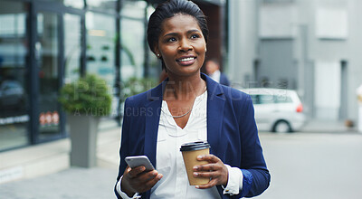 Buy stock photo Business, woman and phone with coffee in city for morning commute, journey to work or thinking of career. Professional, black person or travel with smartphone outdoor on lunch break, walking or smile