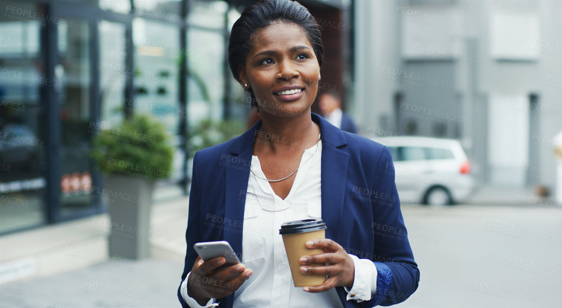 Buy stock photo Business, woman and phone with coffee in city for morning commute, journey to work or thinking of career. Professional, black person or travel with smartphone outdoor on lunch break, walking or smile