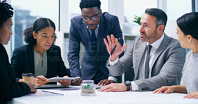 Buy stock photo Teamwork, planning and business people in meeting, finance and coworking in modern office. Employees, staff and accounting firm with cooperation, coaching and mentor with feedback and review budget