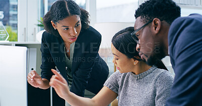 Buy stock photo Teamwork, computer and business people in meeting, finance and coworking in modern office. Employees, pc and accounting firm with cooperation, planning and technology with feedback and review budget