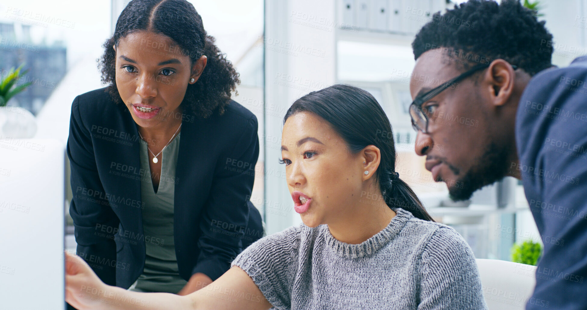 Buy stock photo Business people, computer and report for discussion, training and mentorship with b2b planning. Diversity, meeting and collaboration for growth, future project and investment for company and goals