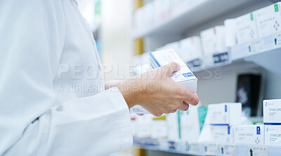 Buy stock photo Doctor, hands or shelf with medication at pharmacy for inventory, stock or pharmaceutical service. Closeup, healthcare employee or pharmacist with box or medical product for side effect at drug store