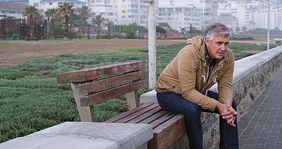 Buy stock photo Mature, man and thinking outdoor on park with nostalgia, remember and daydreaming of memory. Senior person, relax and thoughtful in nature with reflection, retirement wellness and fresh air in city