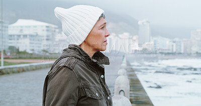 Buy stock photo Thinking, morning and memory with old woman at beach for reflection, mental health and inspiration. Perspective, vision and mindset with senior person contemplating in outdoors for decision and break