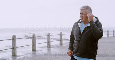 Buy stock photo Running, fitness and health with old man at beach for wellness, challenge and cardio performance. Workout, exercise and retirement with senior person in outdoors for training, ocean and morning