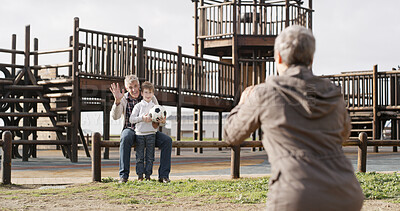 Buy stock photo Grandparents, boy and photography for bonding together in park, outdoor and playground as family. Senior people, grandchild and weekend for memory, care and vacation on holiday in winter for support