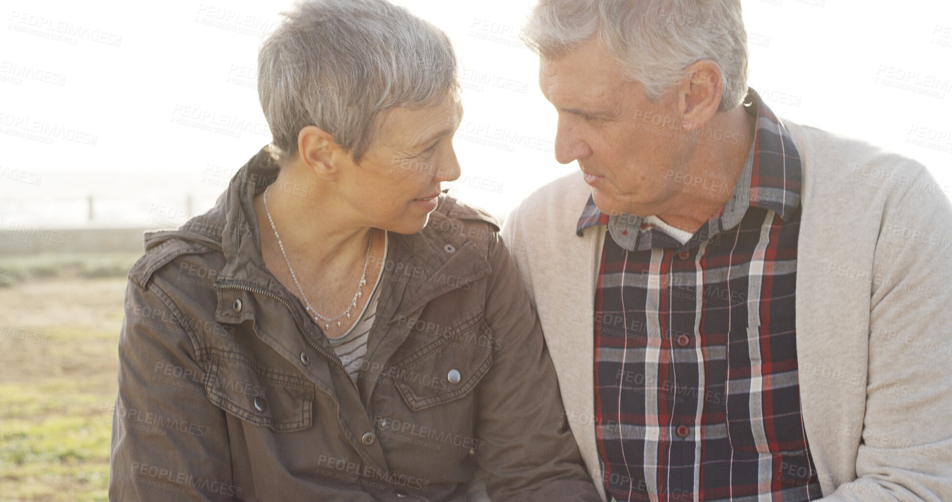 Buy stock photo Outdoor, senior couple and love for bonding with care, trust and lovers in France. People, park and happy as pensioners on retirement in relationship for break, relax and appreciation as soulmates