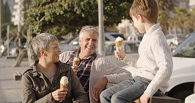 Buy stock photo Grandparents, grandchild and eating ice cream outdoor in parking lot for dessert, sweet snack and bonding. Senior people, happy boy child and relax with gelato for weekend fun, connection and support