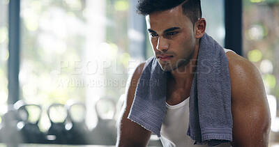 Buy stock photo Tired, towel and man with thinking, sweat and gym for wellness, exercise and break as athlete. Male person, recovery and plan for workout, endurance and fitness as challenge, performance and training