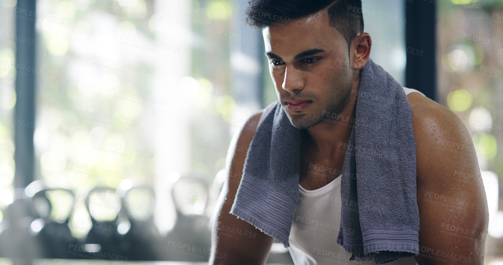 Buy stock photo Tired, towel and man with thinking, sweat and gym for wellness, exercise and break as athlete. Male person, recovery and plan for workout, endurance and fitness as challenge, performance and training