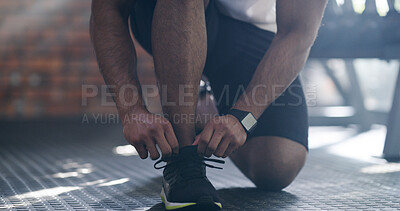 Buy stock photo Hands, fitness and tie shoes for workout, training or exercise start for health in gym. Sports, athlete wellness and man tying sneakers, footwear and laces to get ready for cardio and performance