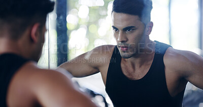 Buy stock photo Man, fitness and mirror motivation in gym for athlete, break and ready for body exercise. Guy, workout and thinking for boxing, bodybuilder set and muscle power in health club for wellness training