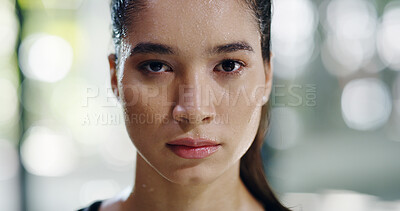 Buy stock photo Portrait, sweat and girl in gym or fitness center for wellness, exercise and break as athlete. Female person, tired and rest for workout, endurance and cardio with challenge, performance and training