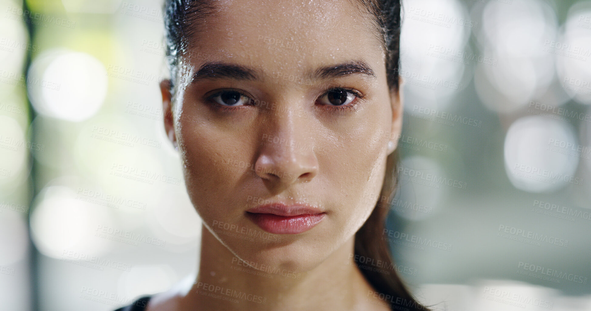 Buy stock photo Portrait, sweat and girl in gym or fitness center for wellness, exercise and break as athlete. Female person, tired and rest for workout, endurance and cardio with challenge, performance and training