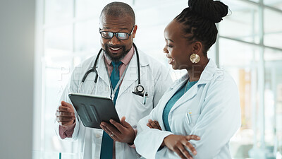 Buy stock photo Black people, doctors and happy on discussion with tablet at clinic for telehealth, schedule and appointment. Hospital, employees and healthcare team on meeting for patient data, results and report