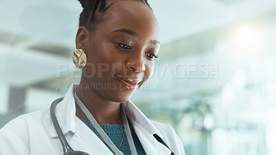 Buy stock photo Thinking, doctor and black woman in clinic for healthcare, medical insight or reflection of solution. Idea, hospital and professional surgeon planning future vision, dream and decision for wellness