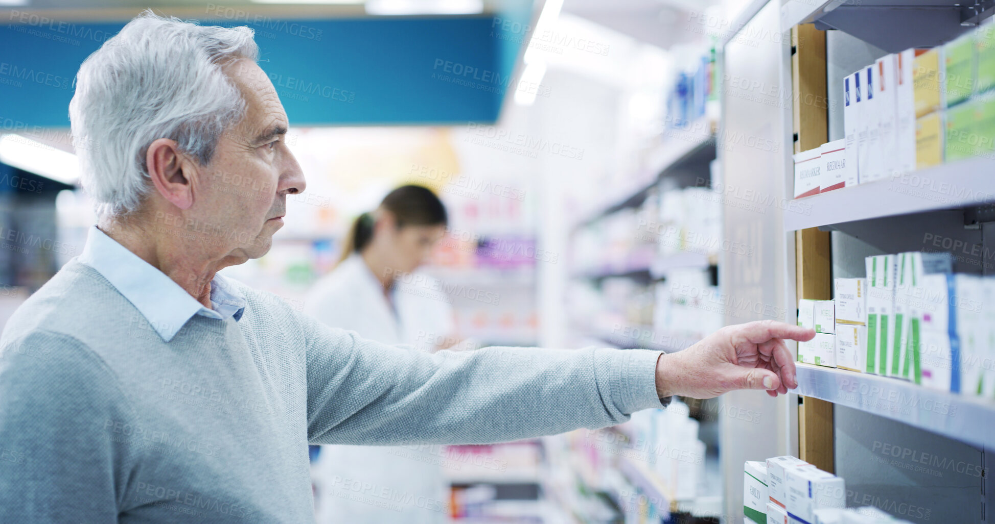 Buy stock photo Senior man, choice or shopping in pharmacy for medicine, wellness or thinking for supplement option. Elderly customer, vitamins or pointing at chemist shelf for pharmaceutical, boxes or reading label