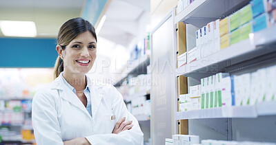 Buy stock photo Arms crossed, portrait and smile with woman in pharmacy to dispense medicine for cure or treatment. Healthcare, medical and shelves with happy pharmacist person at work for sale of pharmaceuticals