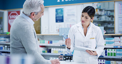 Buy stock photo Customer, tablet and pharmacist with drugs for help, cure or prescription pills in retail store. Medical pharmacy, senior man and woman with technology for consultation, healthcare advice or medicine