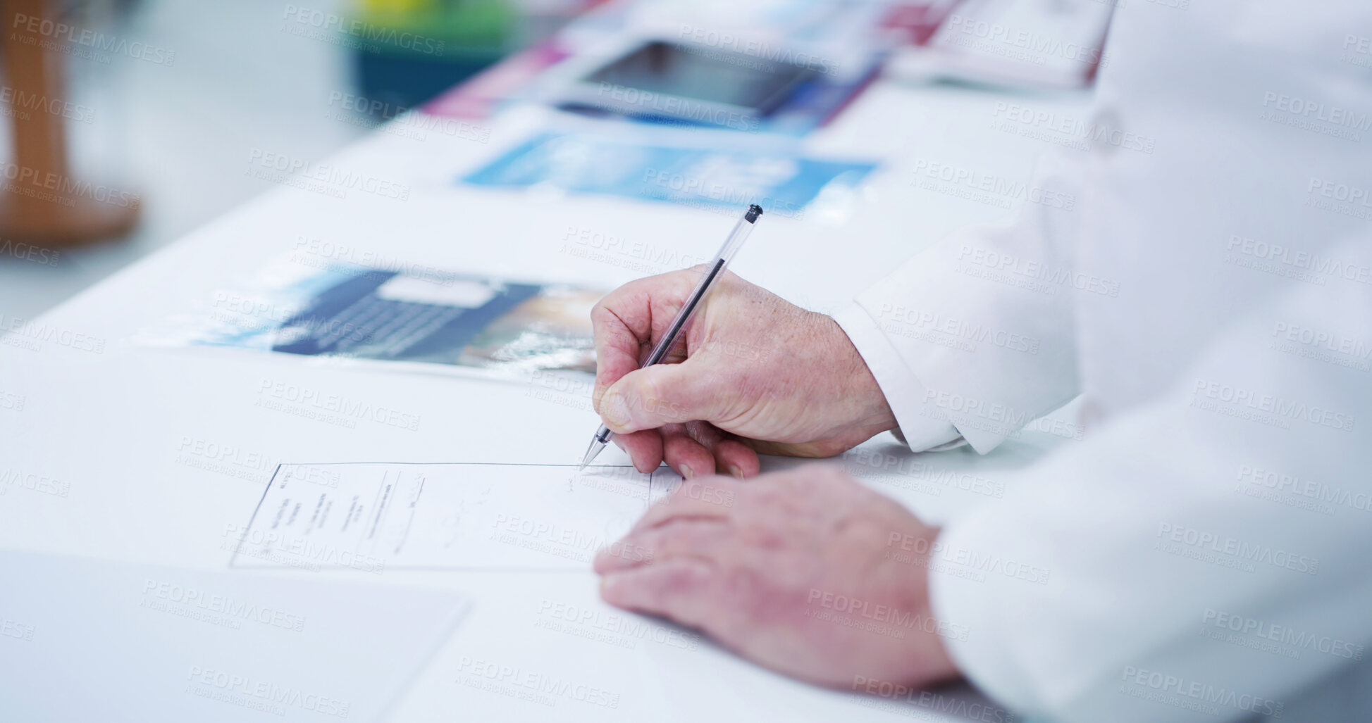 Buy stock photo Pharmacist, writing and hands with script for medicine stock, inventory and signature on paperwork in clinic. Working, person and insurance form for retail, wellness and medical work at pharmacy