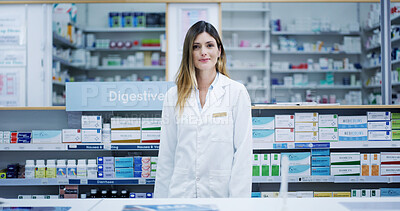 Buy stock photo Medical, portrait and smile with woman in pharmacy to dispense medicine for cure or treatment. Consultant, friendly and healthcare with happy pharmacist person at work for sale of pharmaceuticals