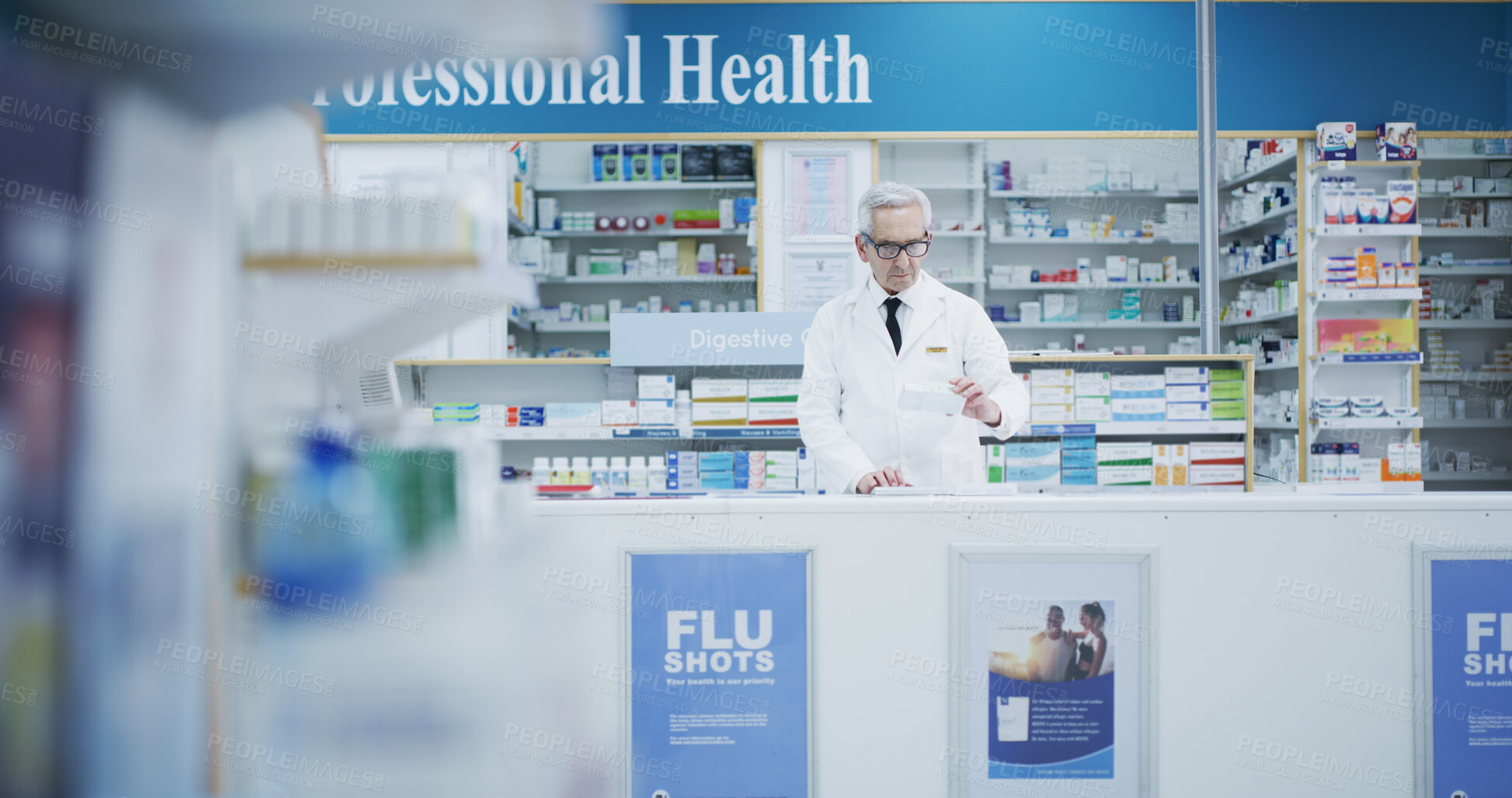 Buy stock photo Mature, pharmacist and man with pills on tablet for inventory check, online order and drugs dispensary. Medical, professional and medication box in pharmacy store for pharmaceutical stock checklist