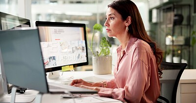 Buy stock photo Ideas, computer and business woman with thinking, notes and creative training on screen in startup. Brainstorming, online search and copywriter with project, proposal and research for internet news