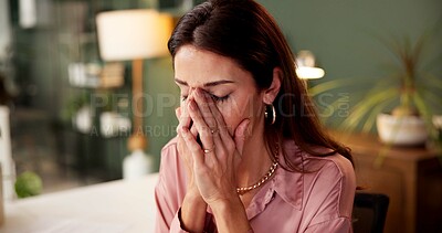 Buy stock photo Fatigue, headache and businesswoman in office at night for finance report deadline with burnout. Migraine, overtime and female financial planner with stress for international investment client.