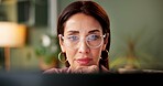 Employee, woman and face on computer at office for online magazine and newsletter on website as editor. Female person, business and satisfied with proofreading article on internet for publishing