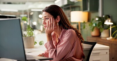 Buy stock photo Woman, tired and reading on computer for business, feedback and burnout in office. Mature entrepreneur, bored and tech in startup company with fatigue, connectivity and frustrated for problem solving