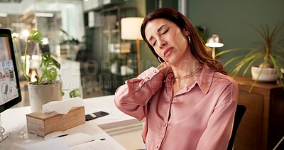 Buy stock photo Stress, neck pain and businesswoman in office at night for finance report deadline with burnout. Bad posture, overtime and female financial planner with fatigue for international investment client.