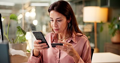 Buy stock photo Business woman, phone and payment with credit card for online shopping, purchase or fintech at office. Female person, employee or shopper with mobile smartphone or debit for ecommerce at workplace