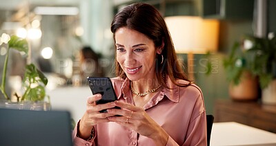 Buy stock photo Female person, office and mobile phone with reading as pr consultant in digital agency at night. Business woman, technology and happy for social networking app, research or newsletter in working late