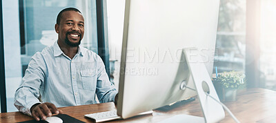 Buy stock photo Portrait, business and black man with pc, smile and pride with internet, network and online article. Face, consultant and journalist with computer, connection and website design for magazine editing