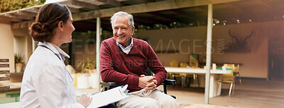 Buy stock photo Shot of a young doctor and her elderly patient talking while sitting outside