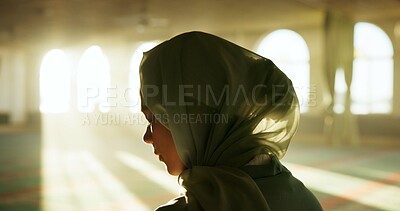 Buy stock photo Islamic woman, profile or praying to worship in Mosque for Palestine, gratitude and support to Allah in holy temple. Hijab, Muslim and spiritual person kneeling for hope and God on Ramadan Kareem