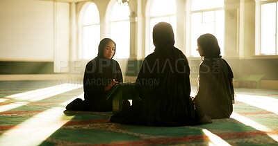 Buy stock photo Quran, teaching or Muslim women in mosque to worship for Palestine, learning or gratitude to Allah. Dua, Islamic faith or spiritual people kneeling for God on Ramadan Kareem for reading book together