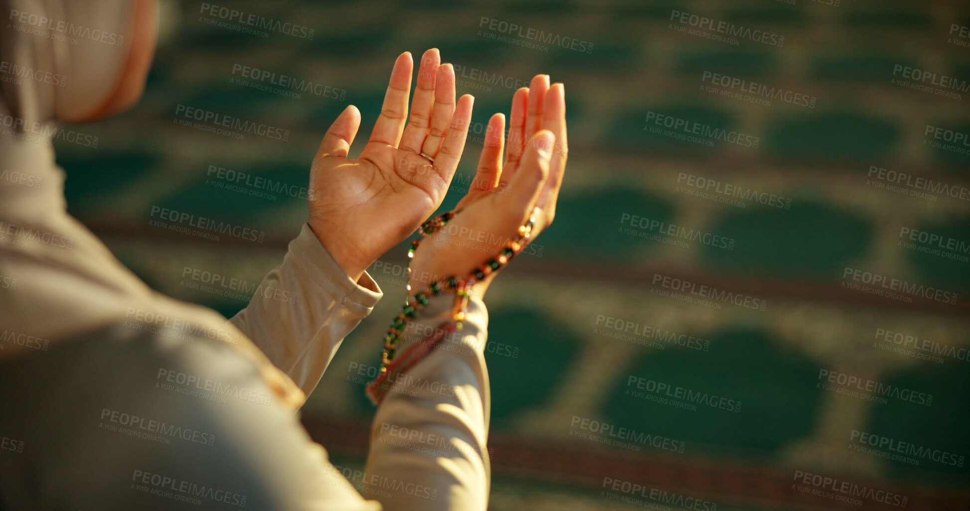 Buy stock photo Islam, woman and hands in Mosque for prayer, faith and spiritual reverence for worship. Muslim person, religion or open palms for dua with respect, devotion or meditation for Ramadan with mindfulness