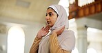 Islamic woman, asking or praying to worship in Mosque for Palestine, gratitude and support to Allah in holy temple. Hijab, Muslim and spiritual person in praise for hope and God on Ramadan Kareem