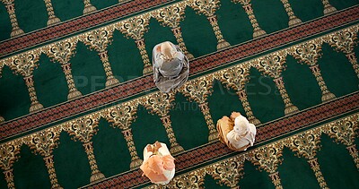 Buy stock photo Above, Muslim and women in Mosque for religion, faith and spiritual reverence for prayer. Islamic people, inclusion and worship in hijab for dua, devotion and meditation for Ramadan with mindfulness