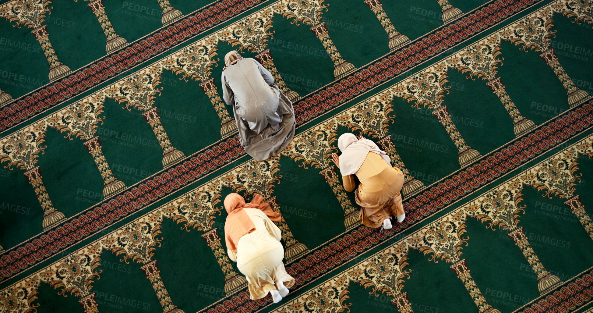 Buy stock photo Above, Islam and people in Mosque for religion, faith and spiritual reverence for prayer. Muslim women, inclusion and worship in hijab for dua, devotion and meditation for Ramadan with mindfulness